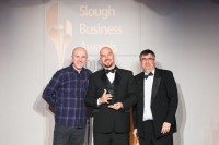 Comedian Lee Hurst, Cartridge World Slough’s Ian Chai and Segro’s Paul Lewis