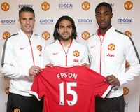 Manchester United footballers Robin van Persie, Radamel Falcao and Tyler Blackett
